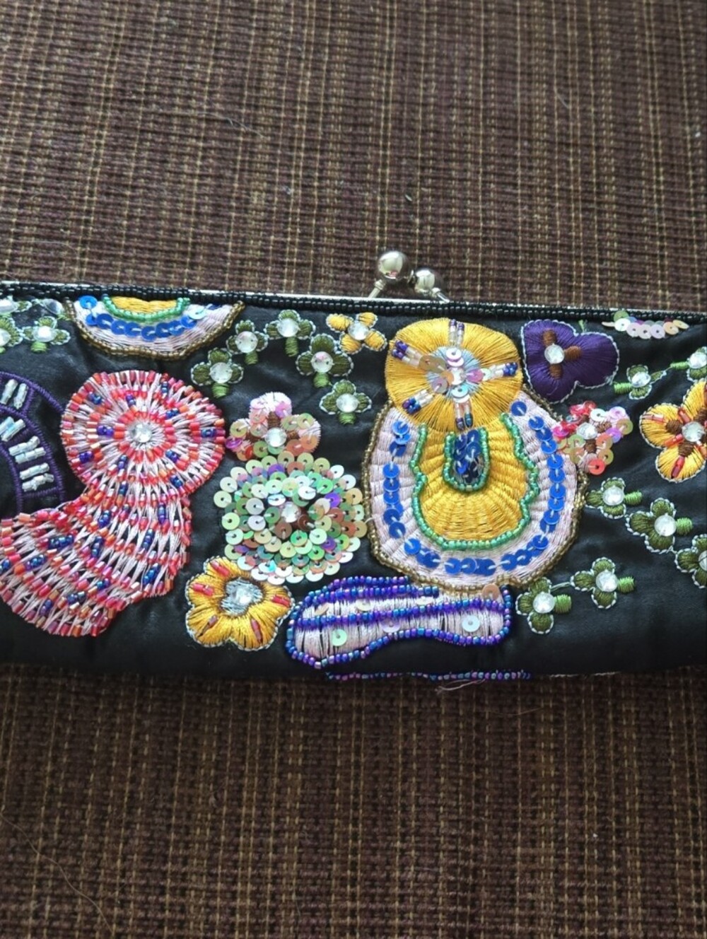 Black Embroidered Floral Sequin Clutch